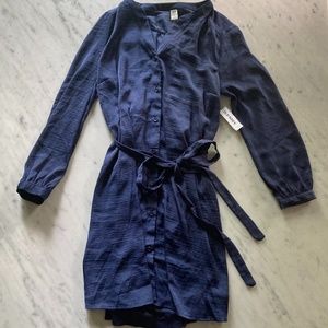 Petite navy dress with long sleeves and front tie